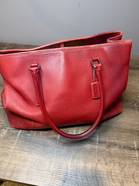 Coach Red Leather Tote with Signature Hangtag